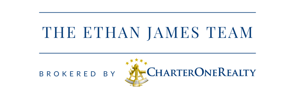 The Ethan James Team, brokered by Charter One Realty, with a gold anchor and star logo below the text.