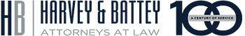 Logo for Harvey & Battey, Attorneys at Law, featuring the initials HB and the text 100 A Century of Service to mark 100 years in practice.