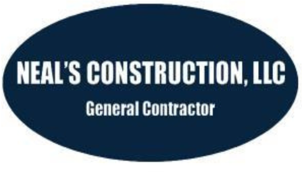 A dark blue oval logo with white text that reads NEALS CONSTRUCTION, LLC and below in smaller letters, General Contractor.