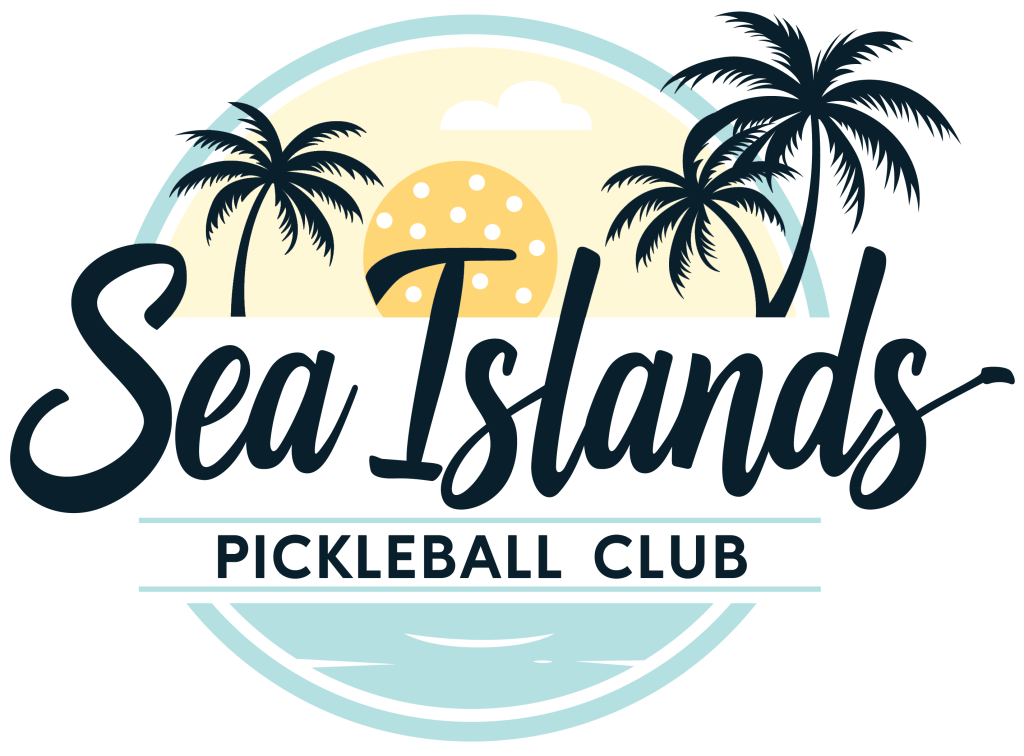 Logo for Sea Islands Pickleball Club featuring palm trees, a yellow pickleball resembling the sun, ocean waves, and a light blue and yellow color scheme.