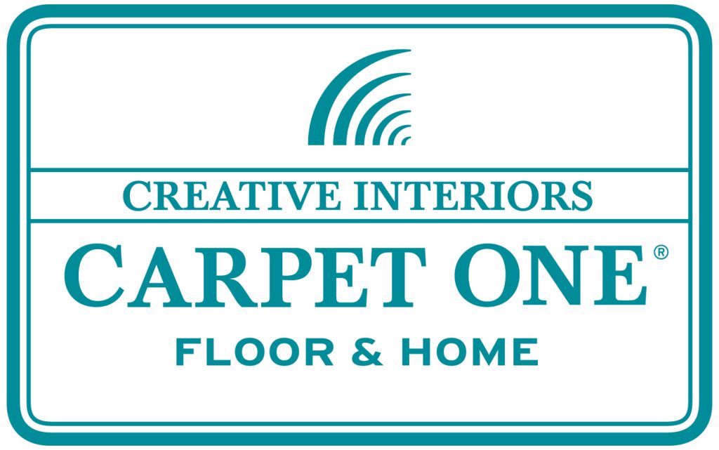 Logo for Creative Interiors Carpet One Floor & Home in teal text with a curved line graphic above the name, all enclosed in a double-lined rectangular border.