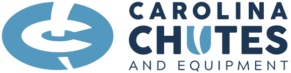 Logo for Carolina Chutes and Equipment featuring a stylized blue C icon on the left and the company name in bold blue letters on the right, with a chute design integrated into the letter U.