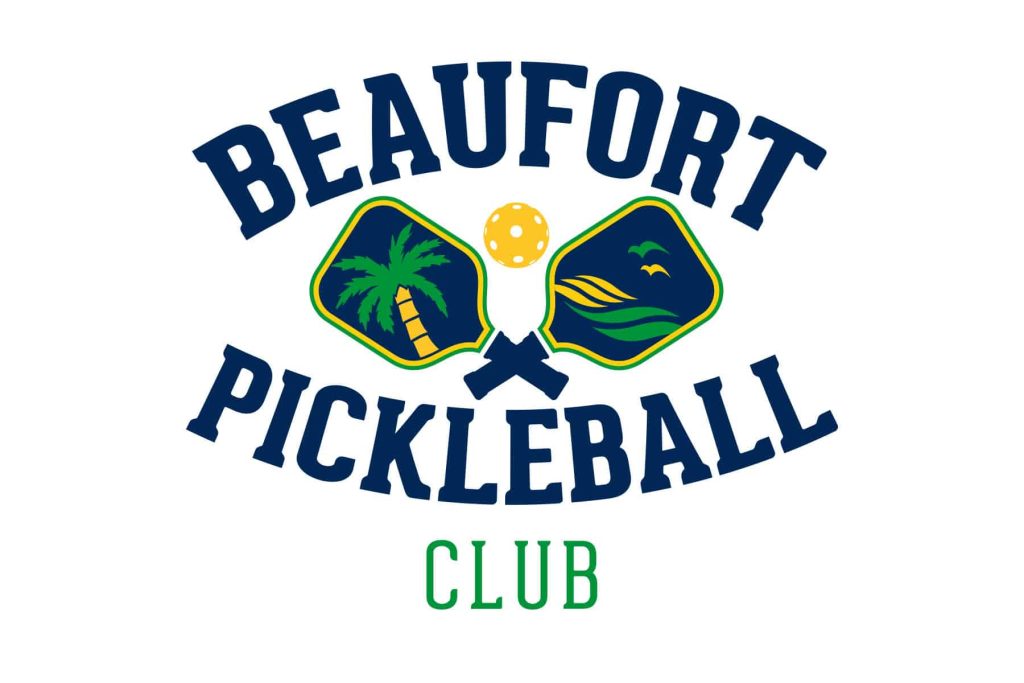 Logo for Beaufort Pickleball Club with two crossed paddles, one showing a palm tree, the other a scenic view, and a yellow pickleball in the center. Club is written in green below.