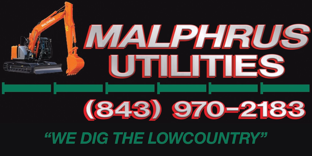 Logo for Malphrus Utilities featuring an orange excavator, the company name, the phone number (843) 970-2183, and the slogan We dig the Lowcountry.
